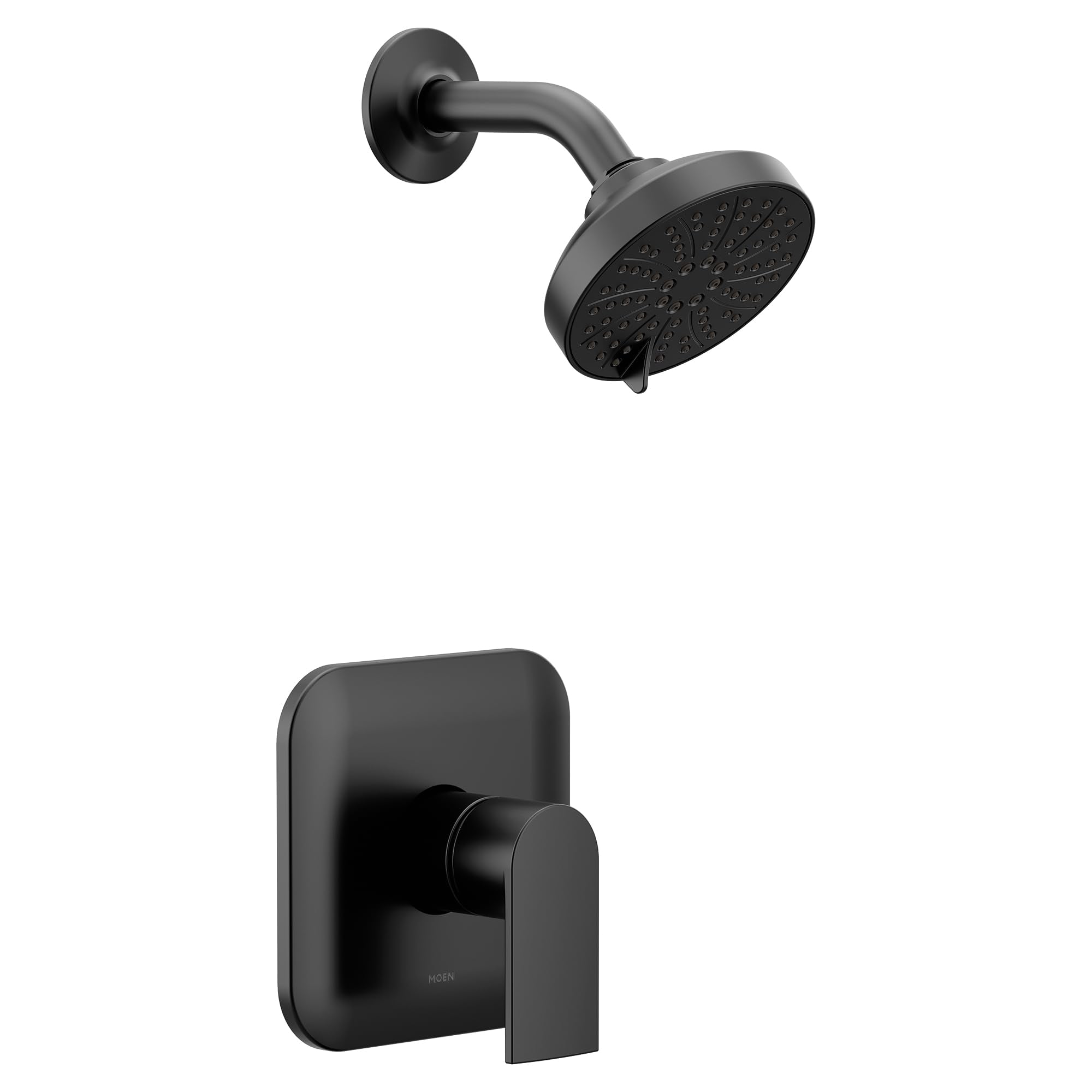 Matte black single-handle shower trim with round showerhead and wall-mounted valve control.