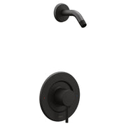 Matte black shower trim kit with round wall plate, single lever handle, and curved arm outlet without showerhead attached.