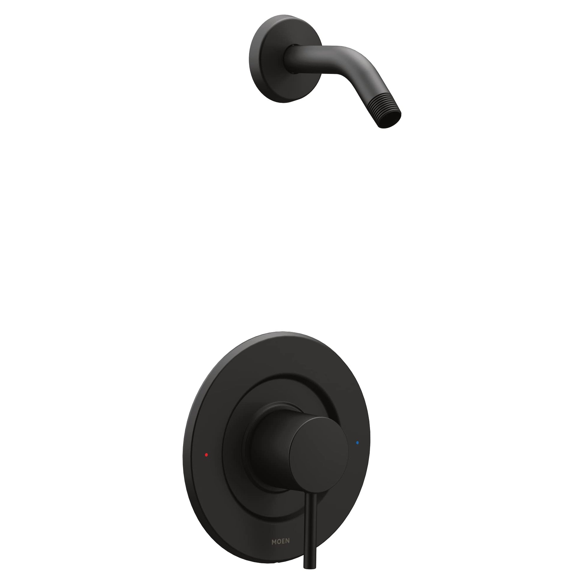 Matte black shower trim kit with round wall plate, single lever handle, and curved arm outlet without showerhead attached.