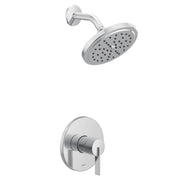 Chrome shower trim kit with single handle valve and round showerhead with perforations.