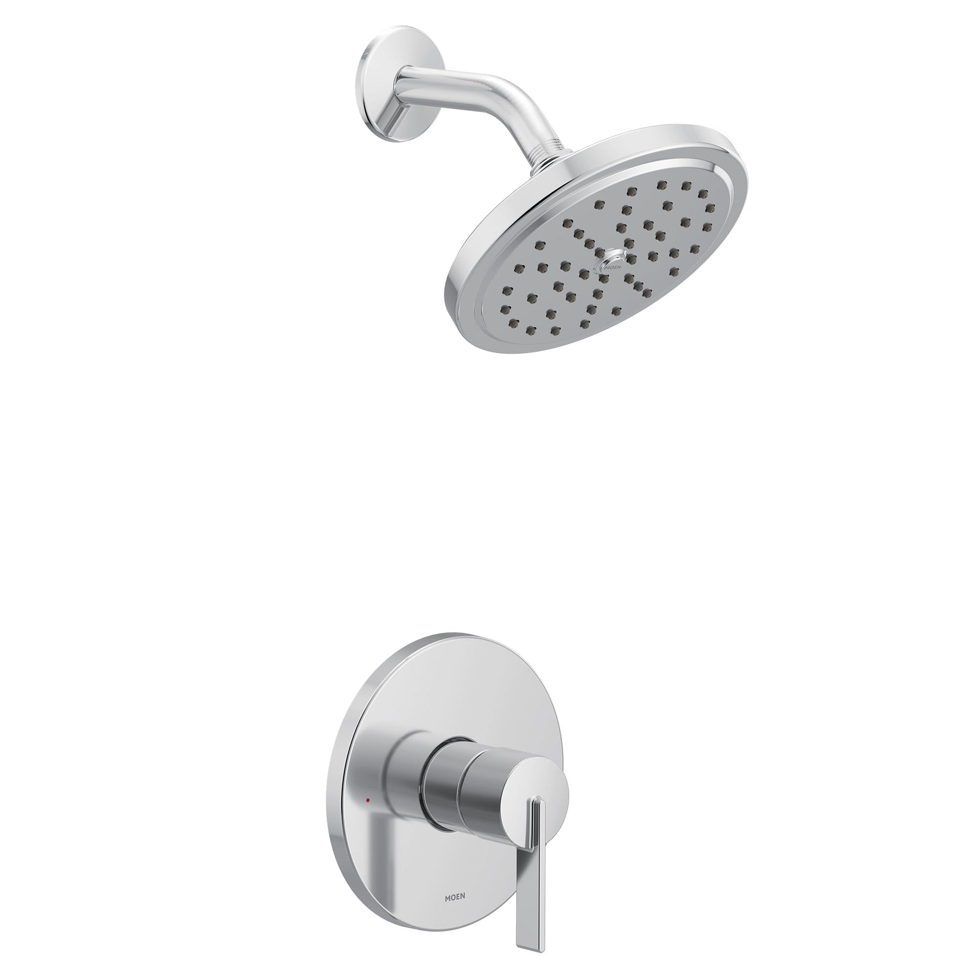 Chrome shower trim kit with single handle valve and round showerhead with perforations.