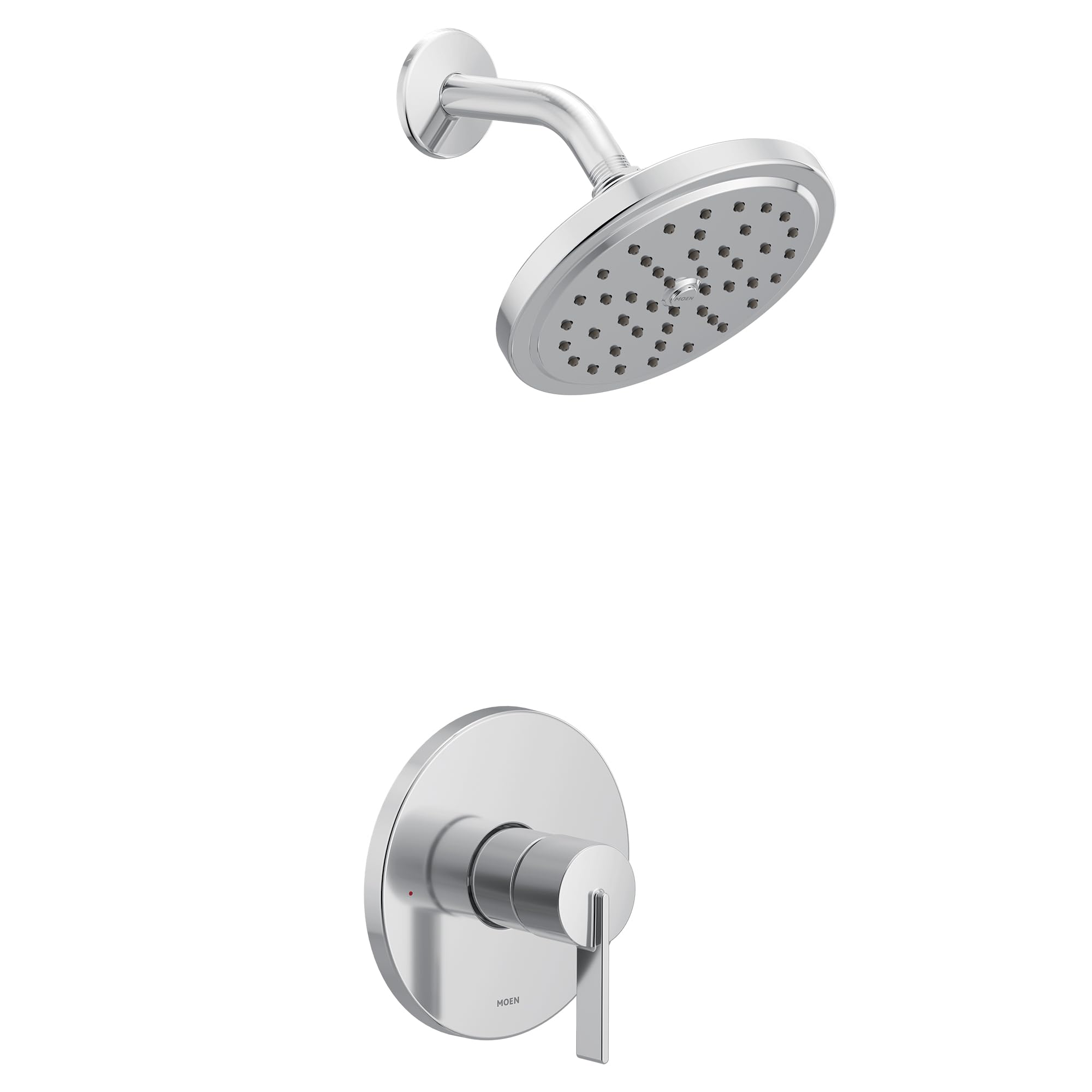 Chrome shower trim kit with single handle valve and round showerhead with perforations.