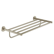 Brushed nickel multi-bar towel rack with four horizontal bars and circular wall mounts on each end.