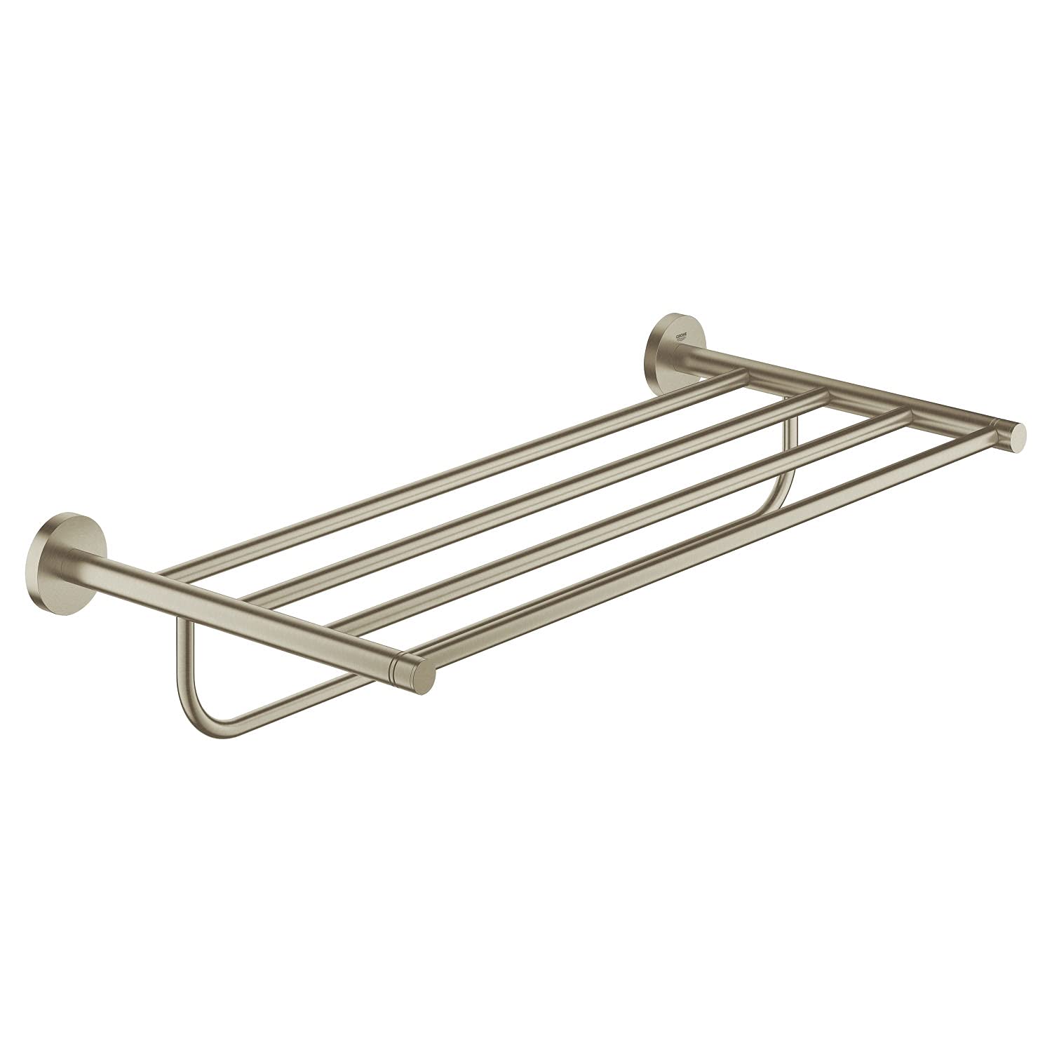 Brushed nickel multi-bar towel rack with four horizontal bars and circular wall mounts on each end.