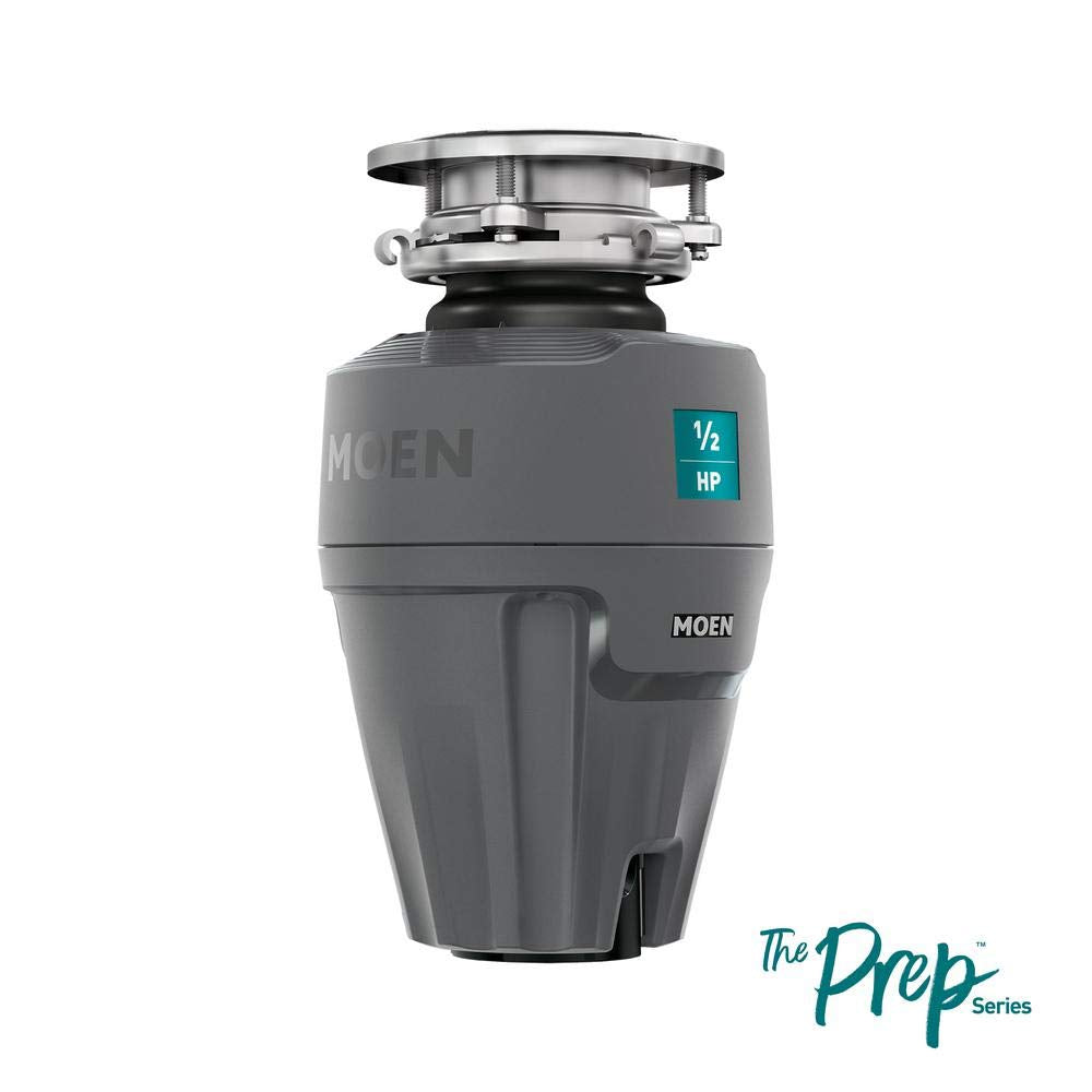 Gray Moen 1/2 HP garbage disposal unit with stainless steel collar and black rubber stopper on white background.
