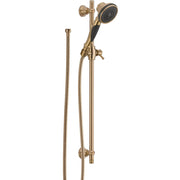 Champagne bronze hand shower on adjustable slide bar with hose and wall mount bracket.