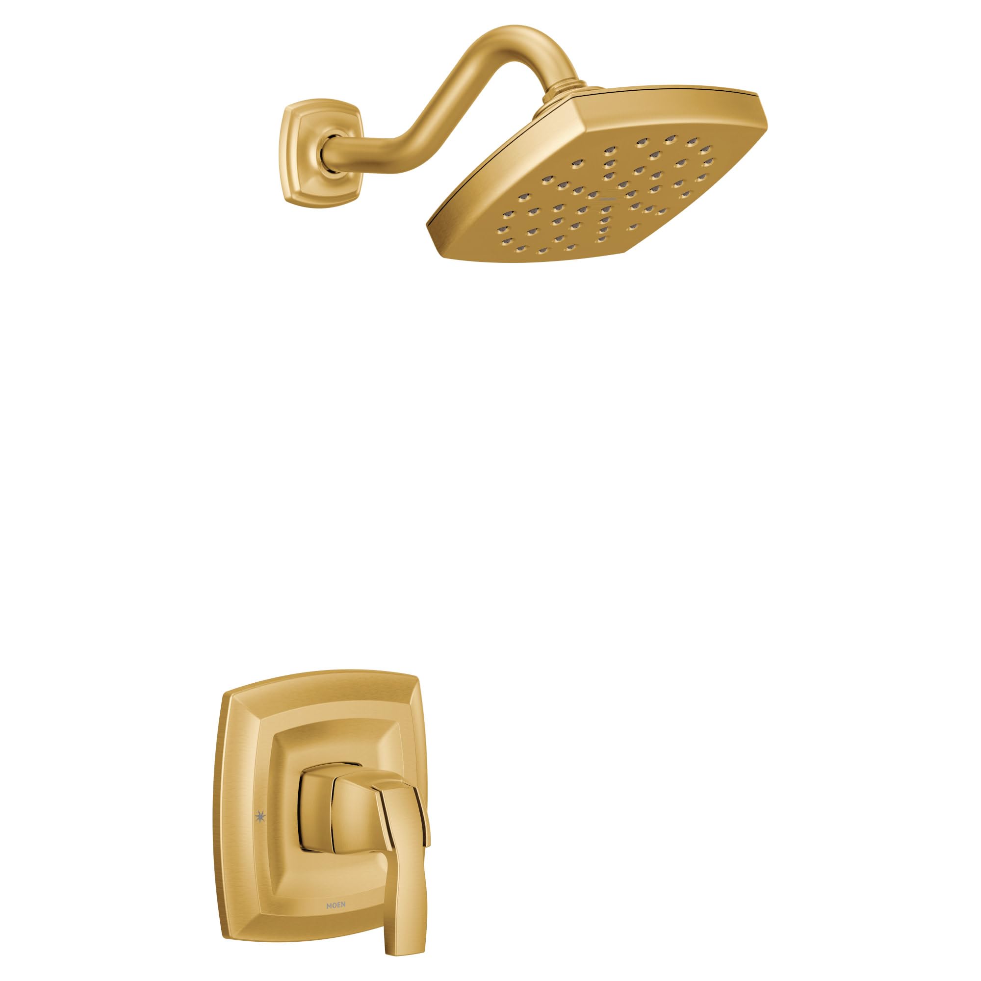 Brushed gold shower trim kit with single handle lever, curved arm, and square showerhead with perforations.