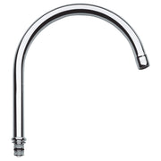 Chrome tubular faucet spout with curved neck and threaded connection base.