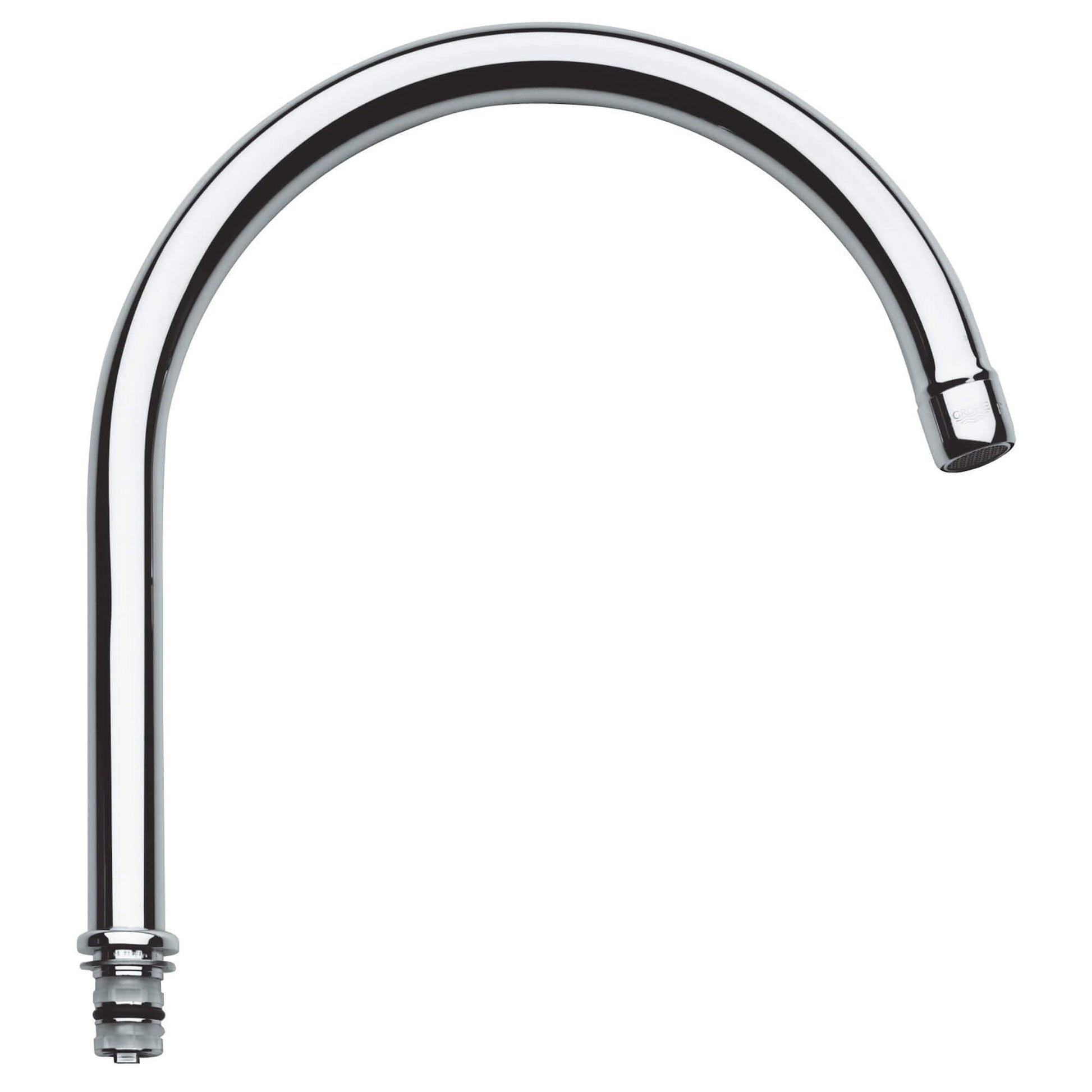 Chrome tubular faucet spout with curved neck and threaded connection base.