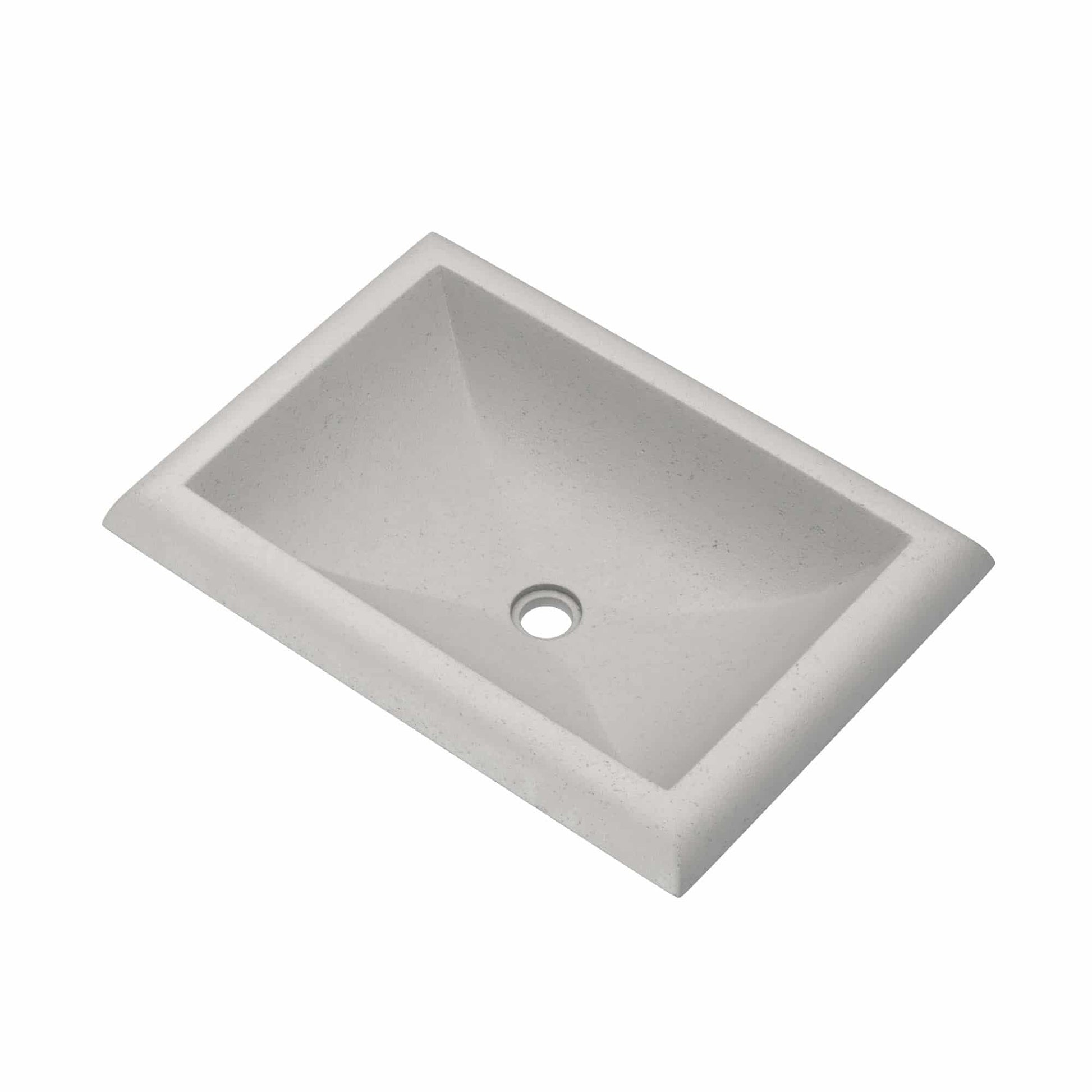 Rectangular ash-colored bathroom sink with sloped edges and single drain hole, shown from above.