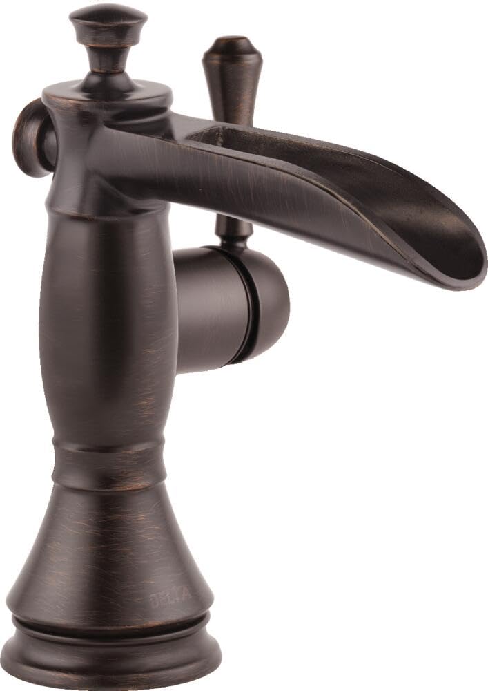 Oil-rubbed bronze single-handle bathroom faucet with curved spout and metal pop-up drain assembly.
