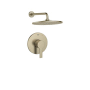 Brushed nickel shower valve combo with round trim plate, lever handle, and overhead rainfall showerhead with curved arm.