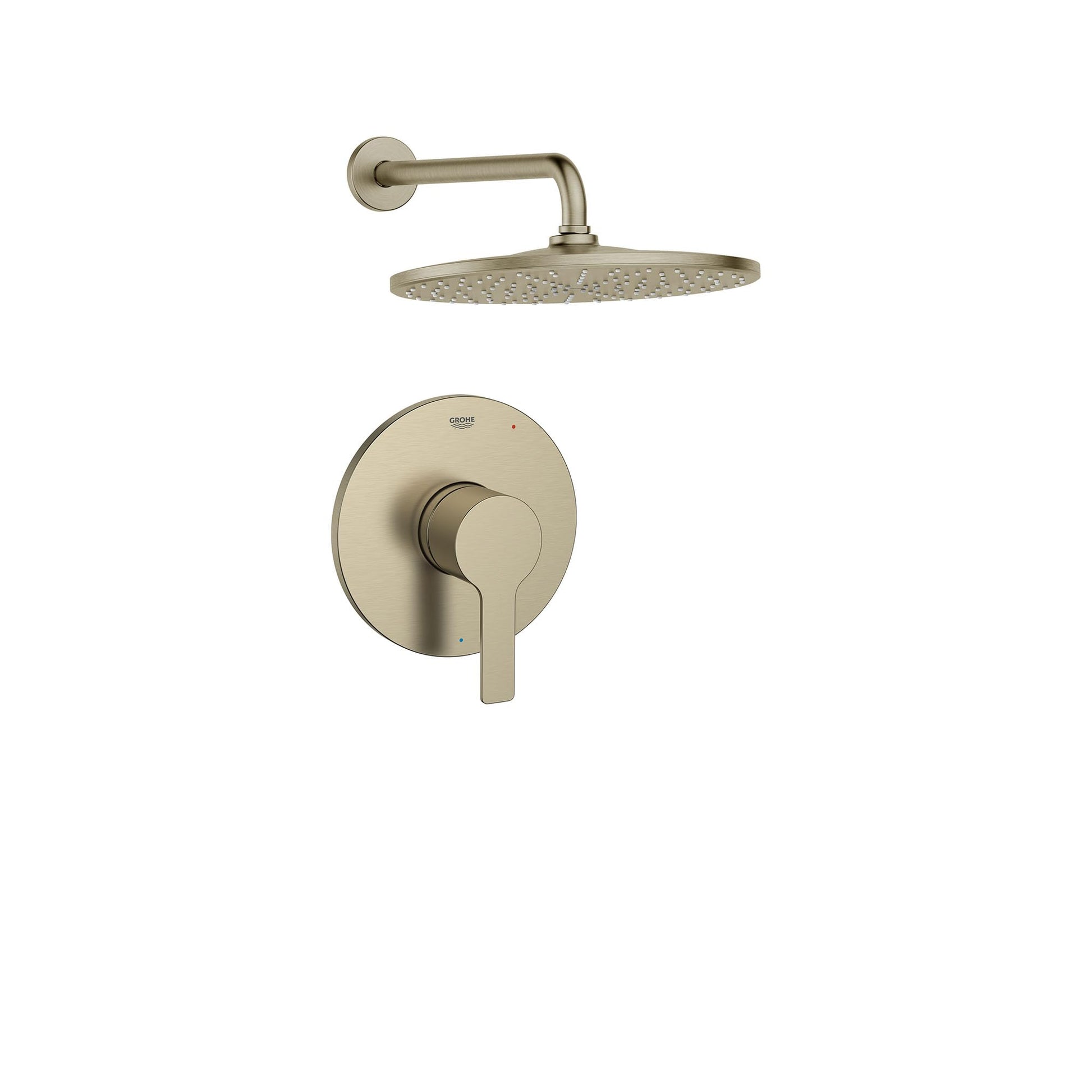 Brushed nickel shower valve combo with round trim plate, lever handle, and overhead rainfall showerhead with curved arm.