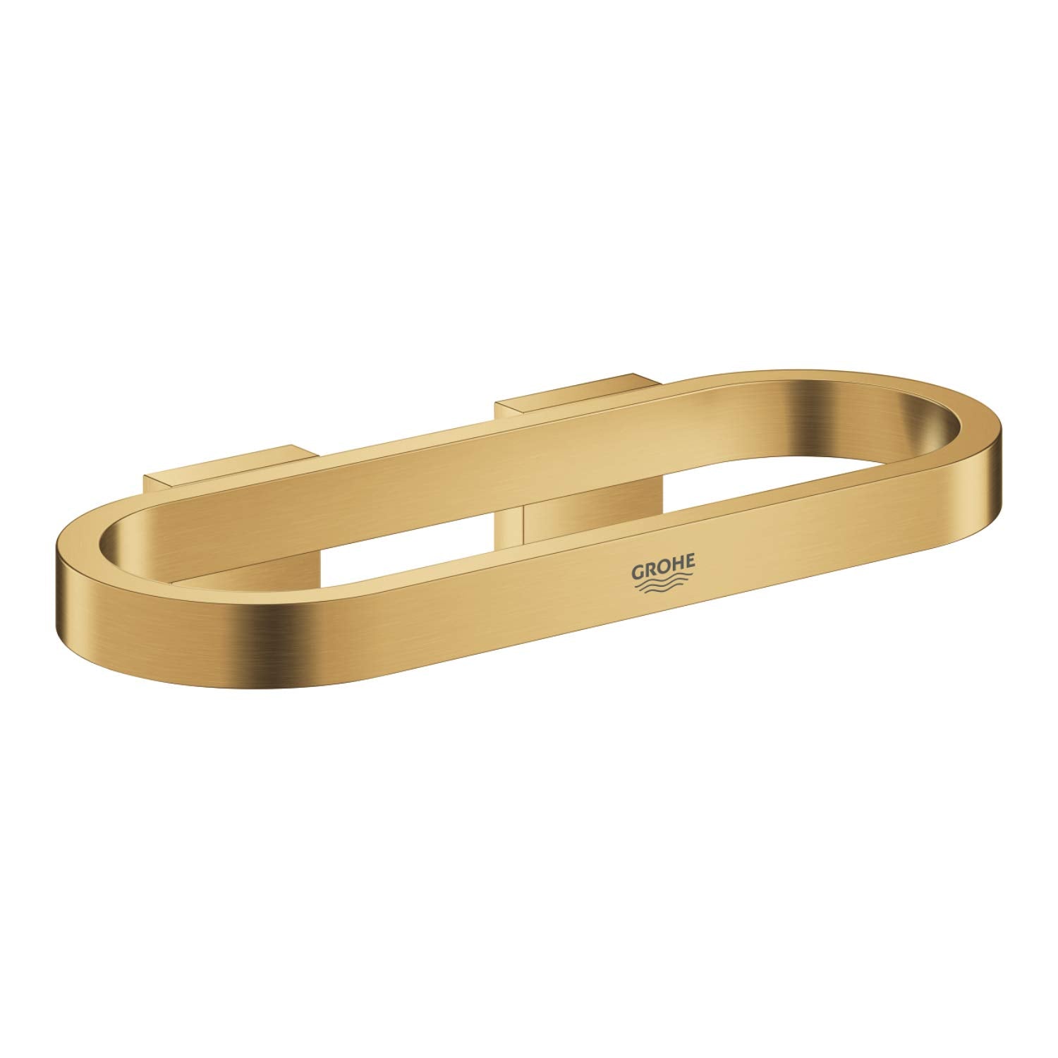 Brushed gold oval towel ring with rectangular wall mounting plate and Grohe branding.