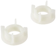 Two white plastic mounting nuts with tabs and central holes for faucet assembly.