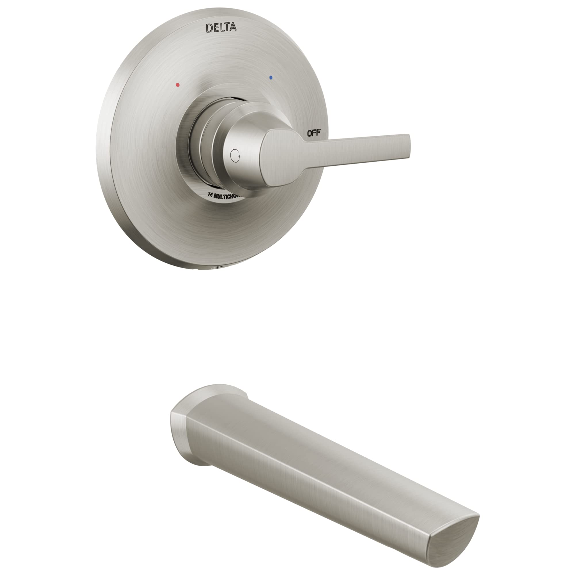 Brushed nickel Delta Galeon tub trim with single lever handle and matching spout.