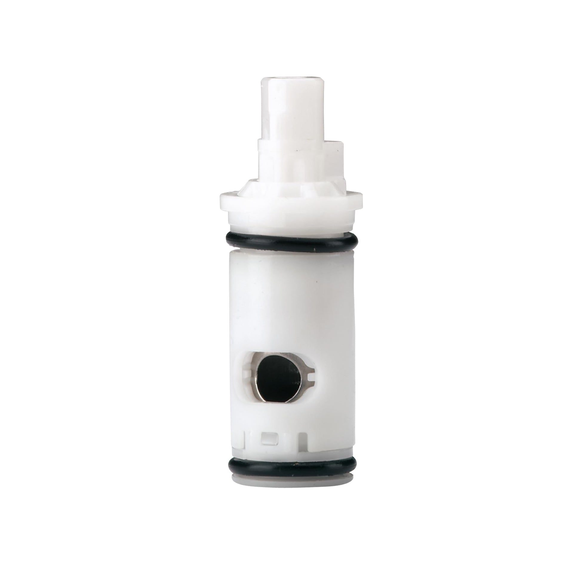 White plastic faucet cartridge with black rubber seals and inlet port, model 1248.