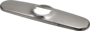 Stainless steel escutcheon plate with elongated oval shape and single circular opening for kitchen faucet installation.