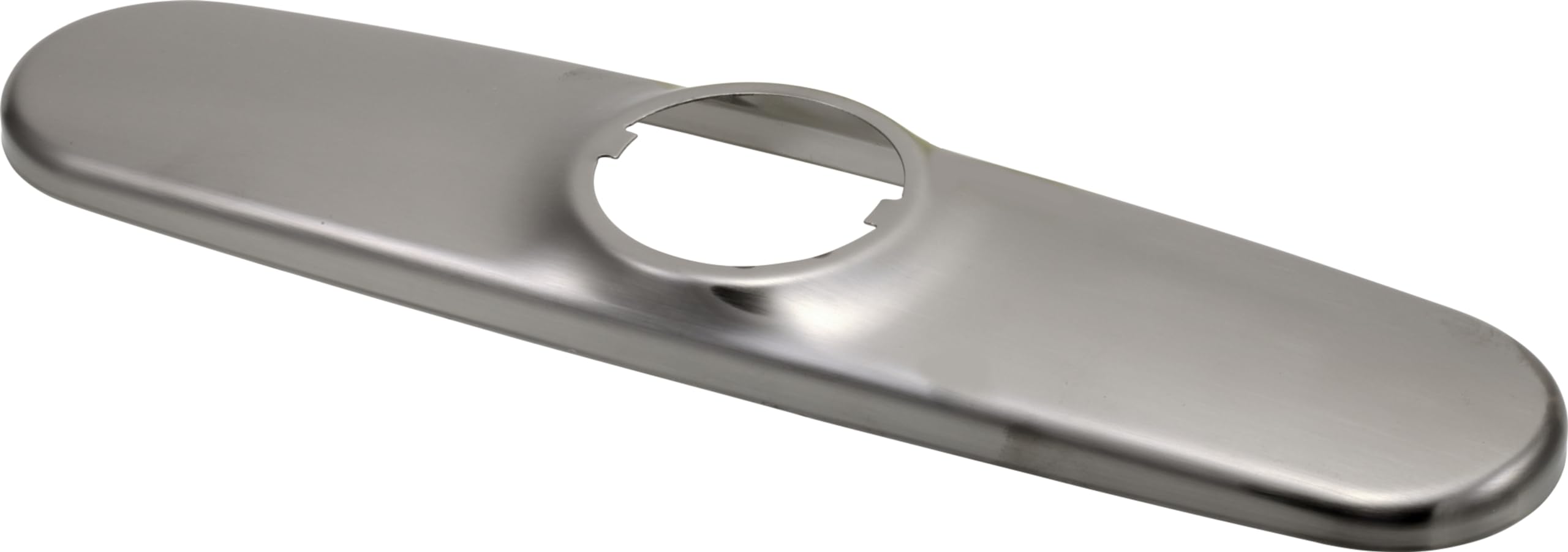 Stainless steel escutcheon plate with elongated oval shape and single circular opening for kitchen faucet installation.