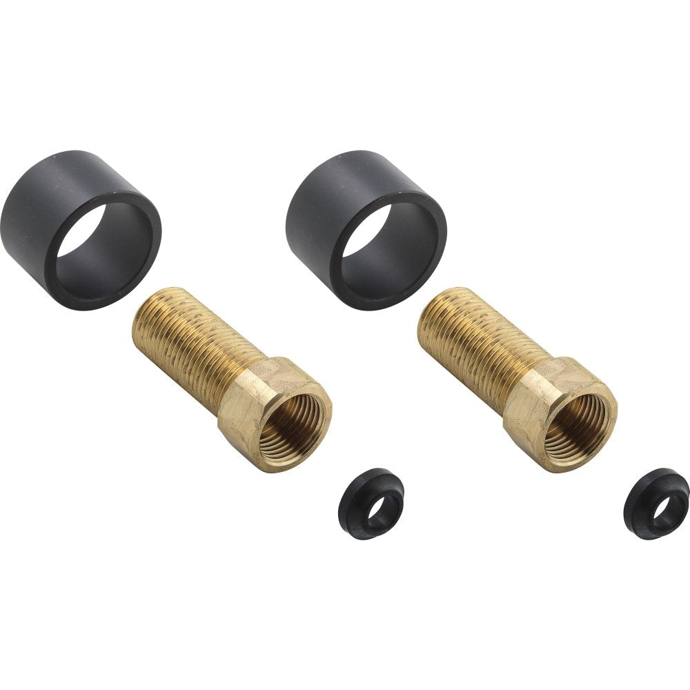 Two black cylindrical sleeves, two brass threaded extension tubes, and two small black washers on white background.