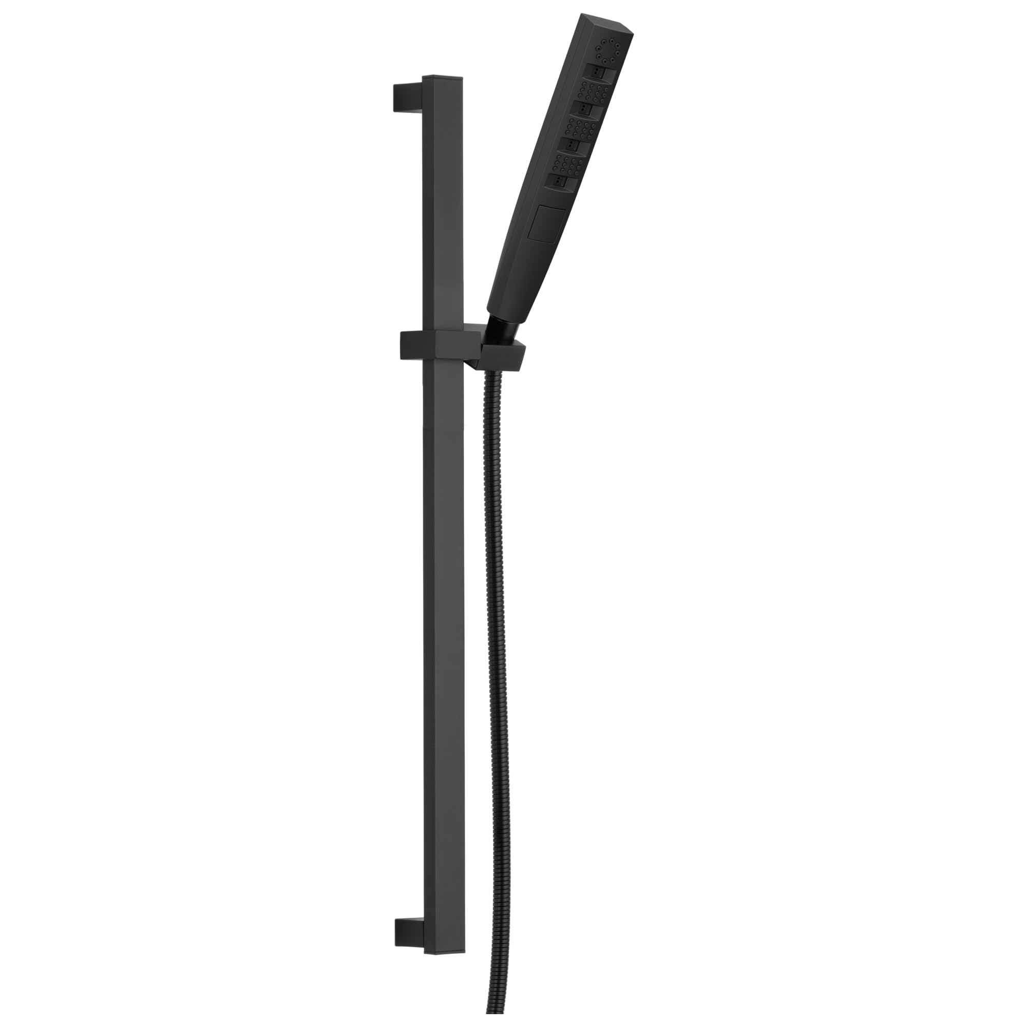 Black hand shower with slide bar and hose, featuring rectangular head and adjustable mounting brackets.