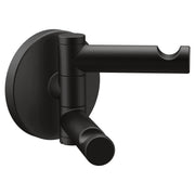 Matte black double swivel robe hook with circular mounting plate and two adjustable cylindrical arms.