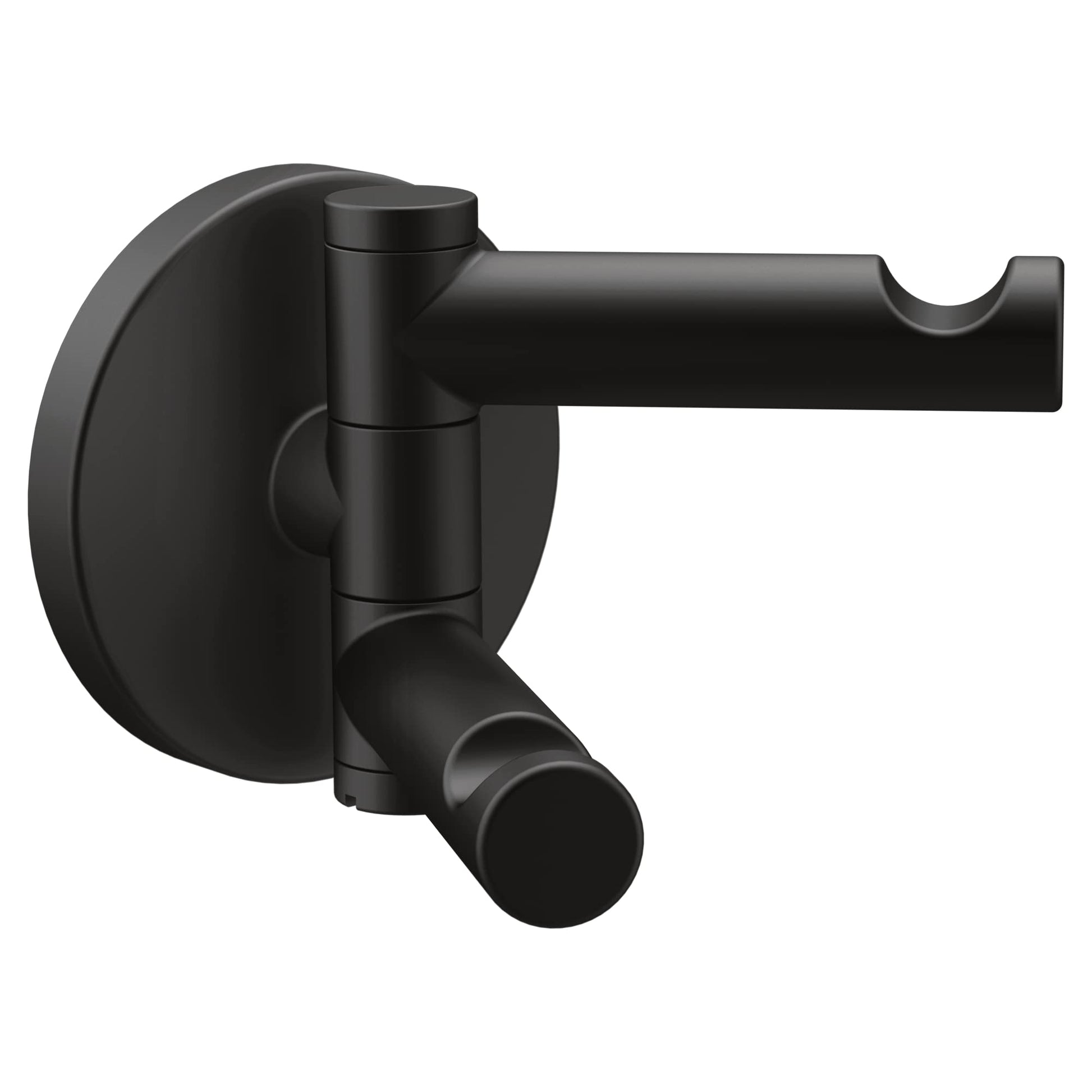 Matte black double swivel robe hook with circular mounting plate and two adjustable cylindrical arms.