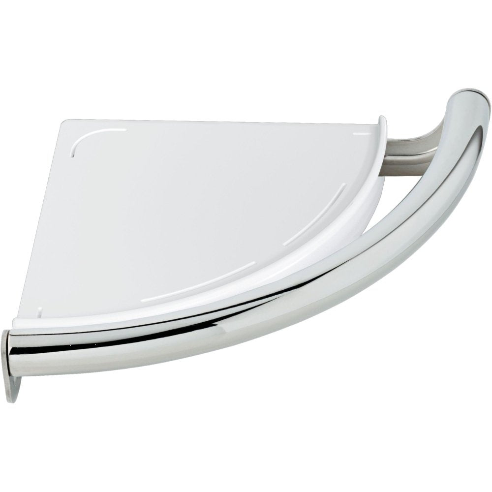 White corner shelf with curved assist bar and chrome accents mounted on wall bracket.