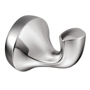 Polished chrome wall-mount robe hook with curved double hooks and circular mounting plate.