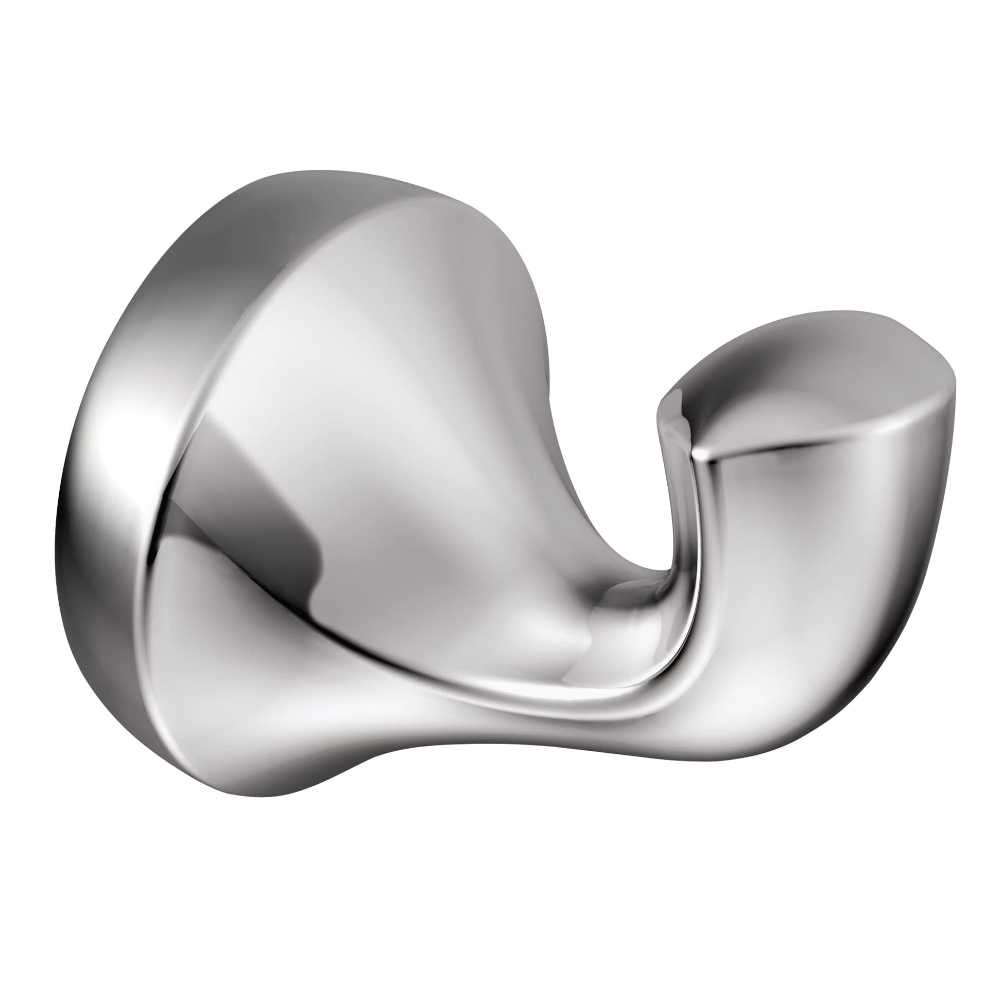 Polished chrome wall-mount robe hook with curved double hooks and circular mounting plate.