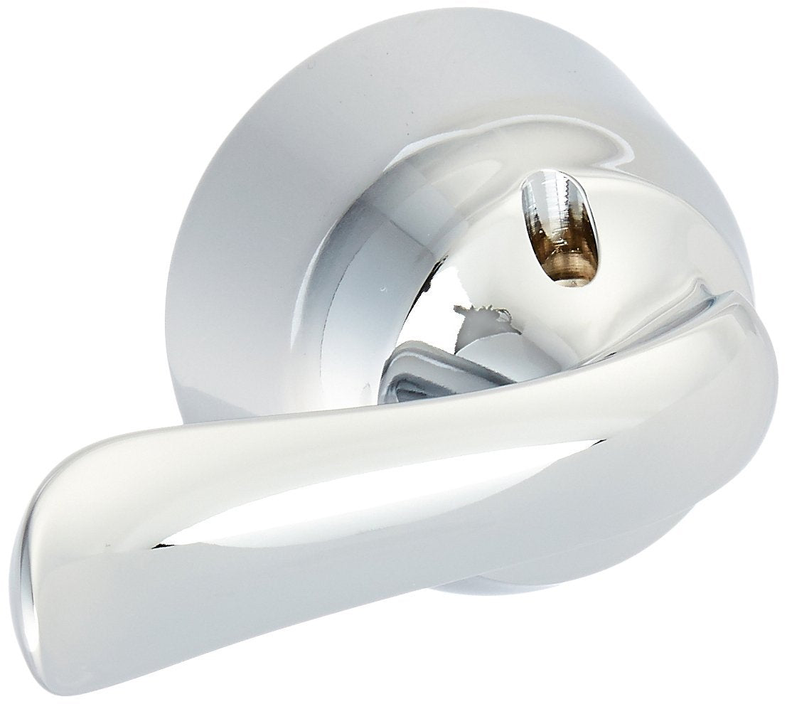 Chrome metal lever handle with curved design and circular escutcheon plate for faucet installation.