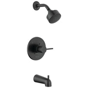 Matte black tub and shower trim with round showerhead, valve trim plate with lever handle, and tub spout.