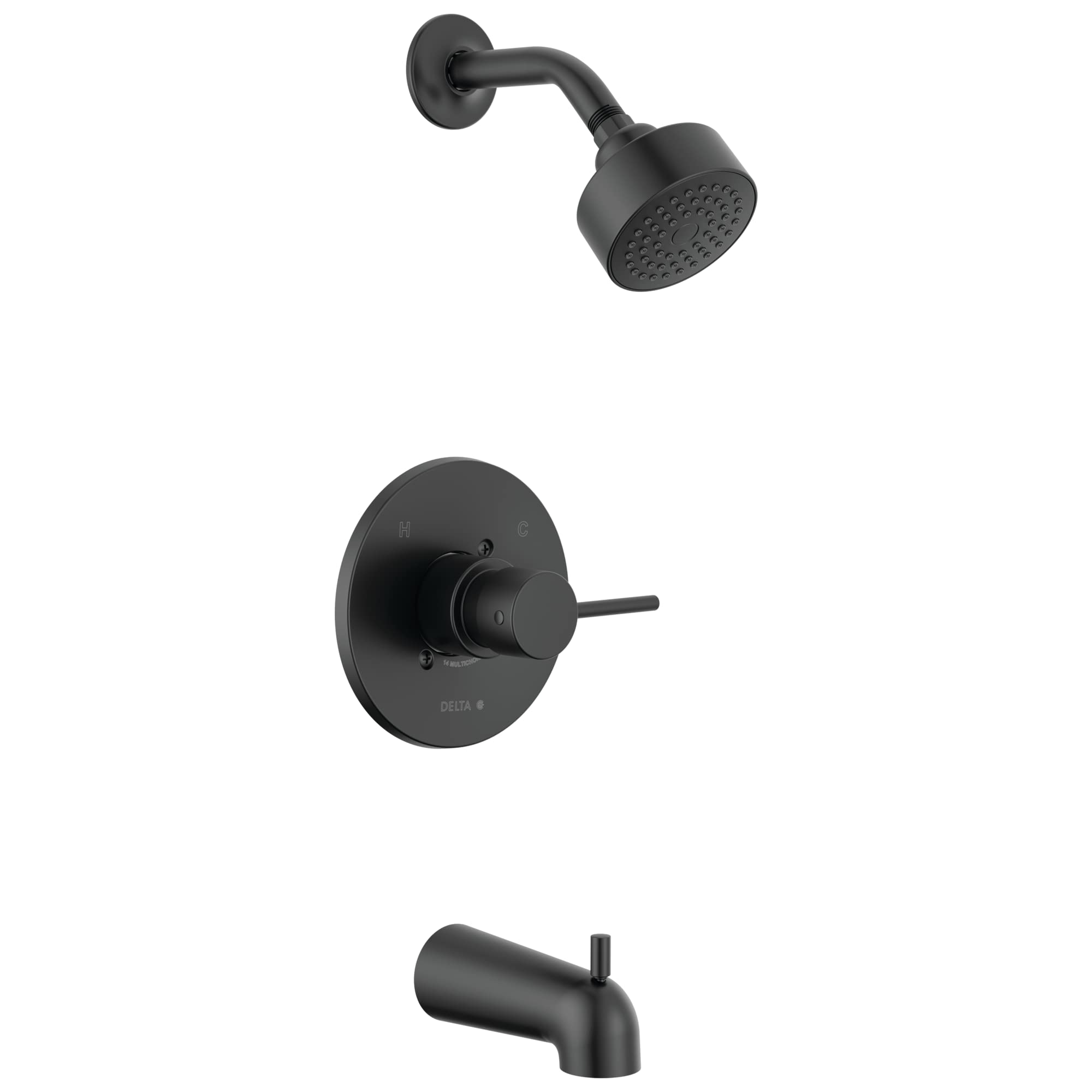 Matte black tub and shower trim with round showerhead, valve trim plate with lever handle, and tub spout.
