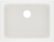 Cream fireclay undermount sink with single faucet hole, viewed from above.