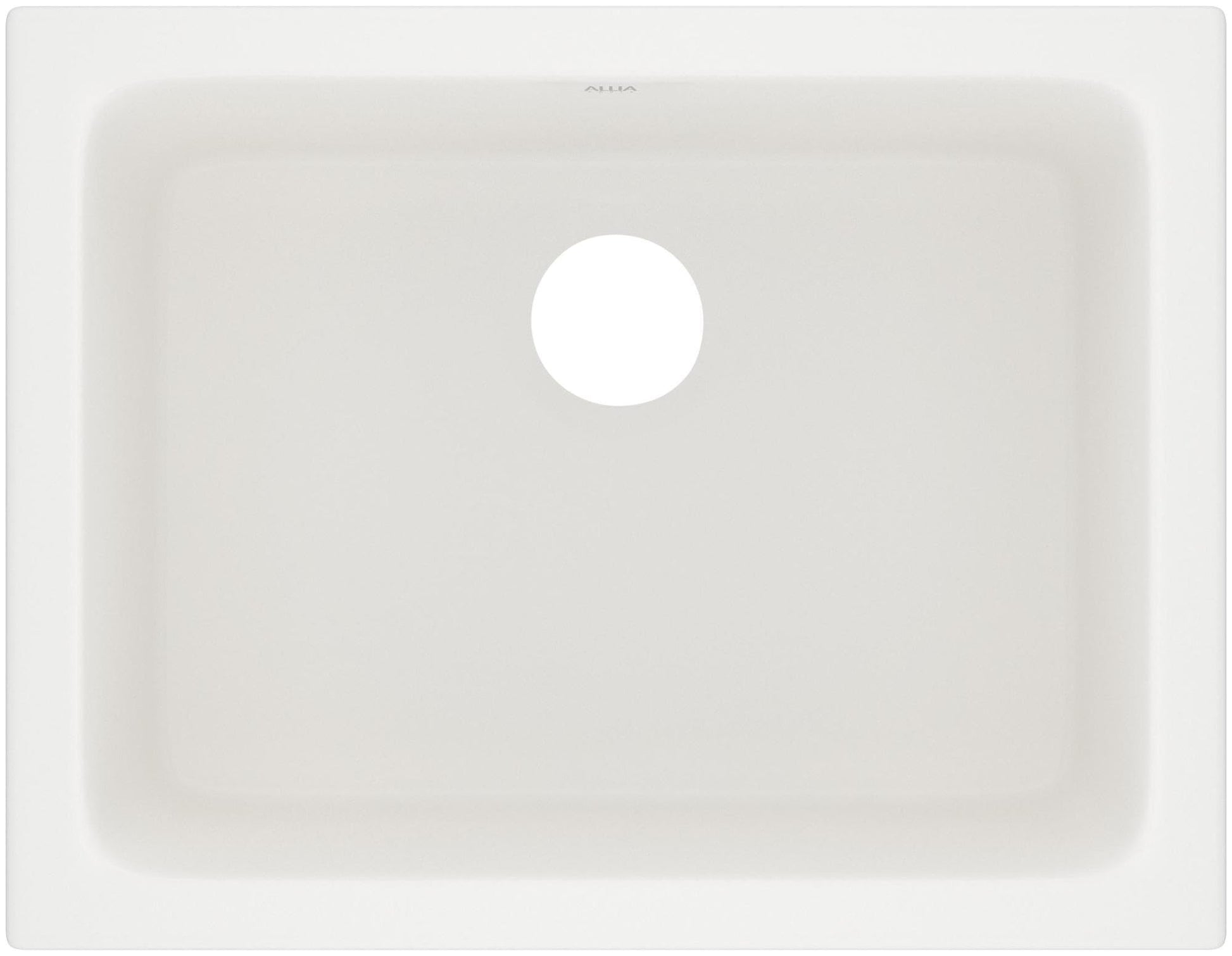 Cream fireclay undermount sink with single faucet hole, viewed from above.