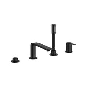 Brushed black freestanding tub faucet with single handle, hand shower, and two control knobs on circular bases.