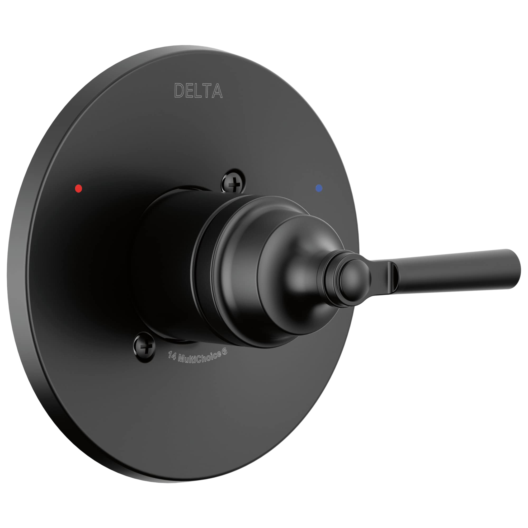 Matte black circular valve trim with single lever handle, red and blue indicator dots, and Delta branding on round escutcheon