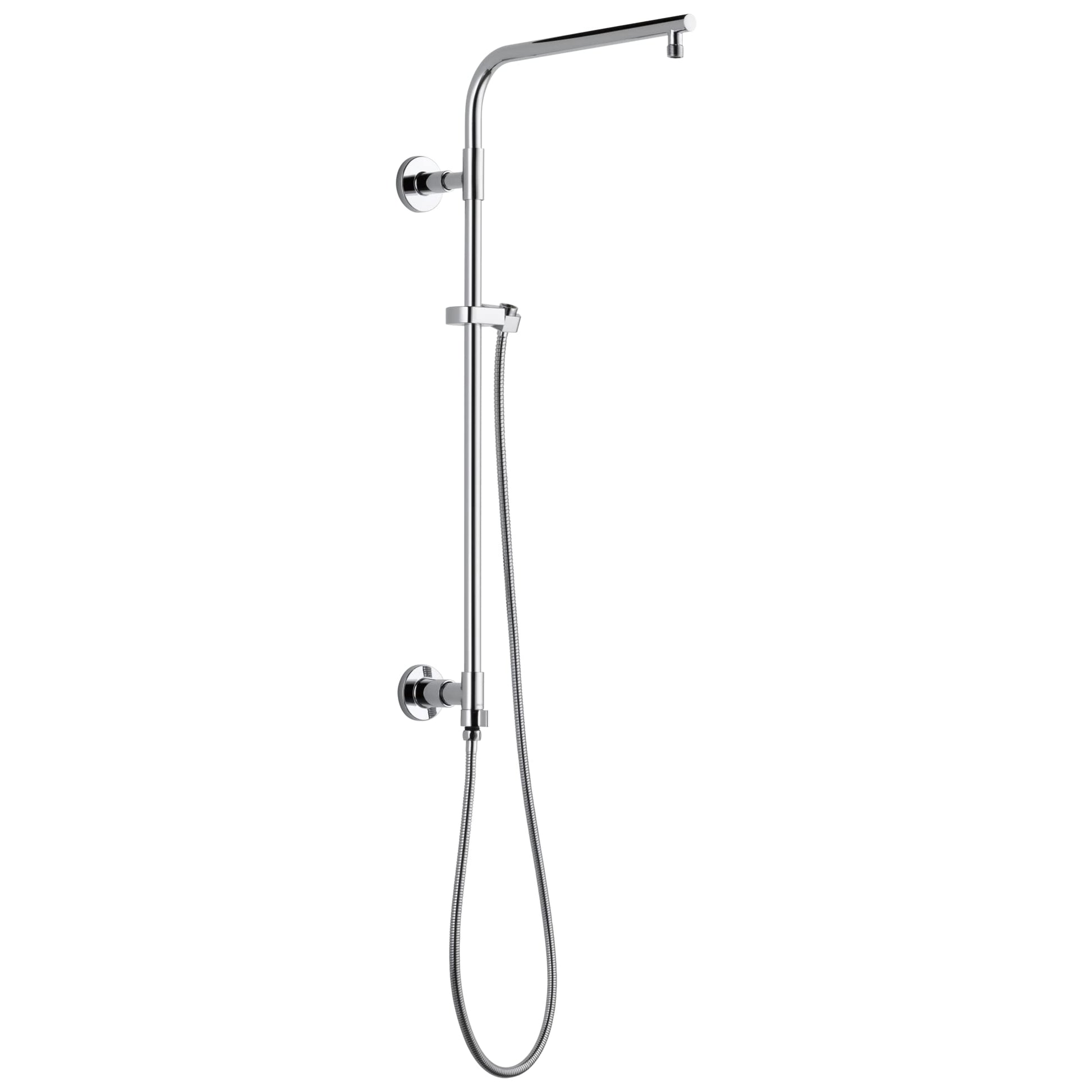 Chrome shower column with overhead rainhead, handheld shower wand, and two wall-mounted control handles.