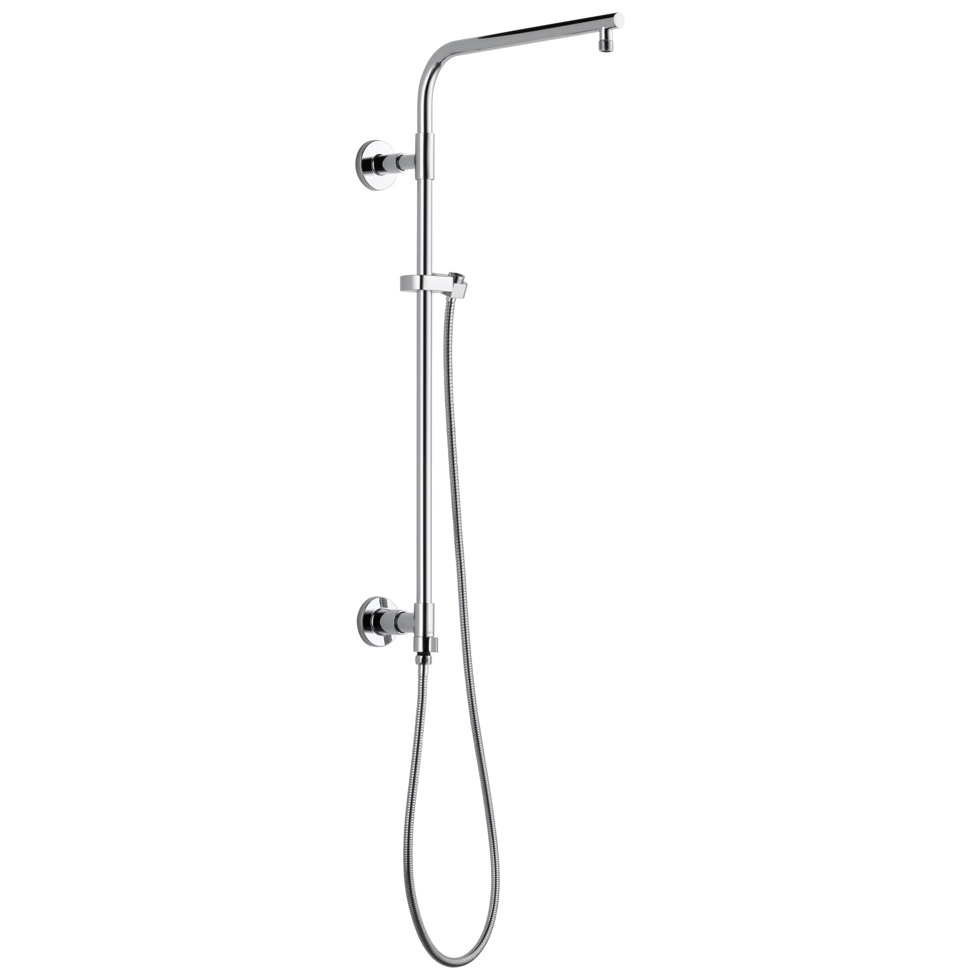 Chrome shower column with overhead rainhead, handheld shower wand, and two wall-mounted control handles.