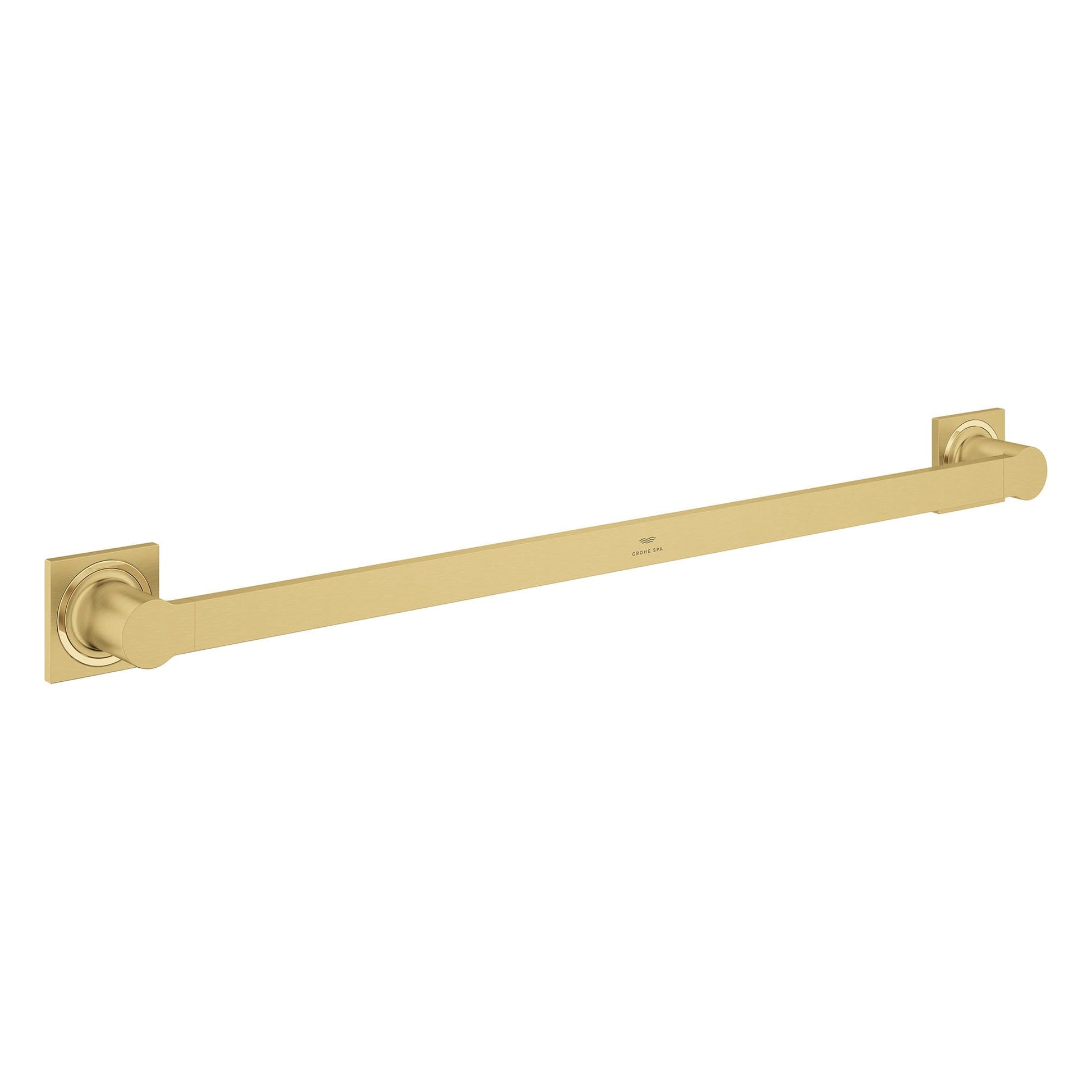Brushed gold towel bar with square mounting plates on each end, 24 inches long.
