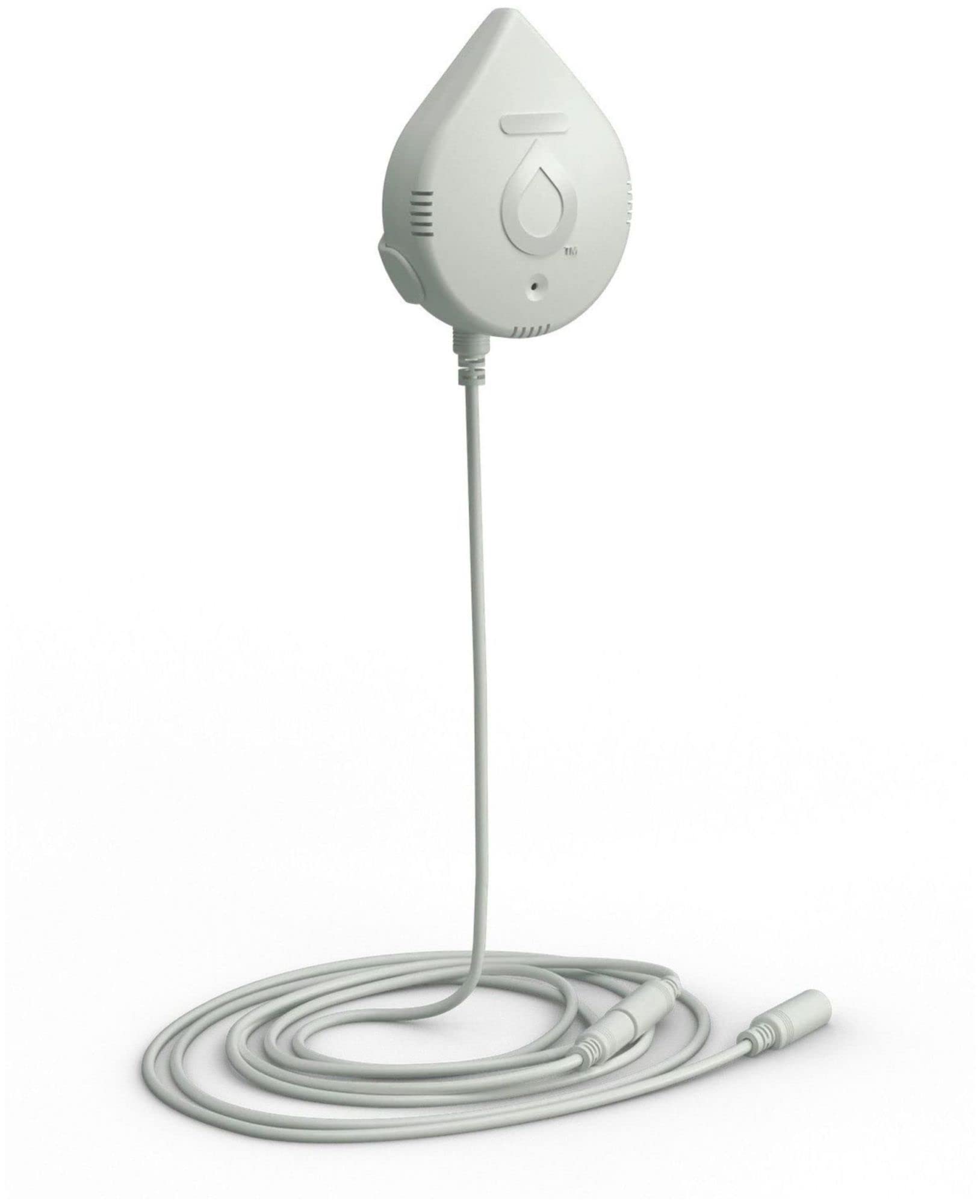 White teardrop-shaped Moen Flo leak detector with attached 6-foot sensing cable coiled at base.