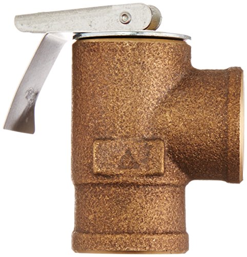 Bronze boiler relief valve with 3/4 inch female connection and silver lever handle attached.