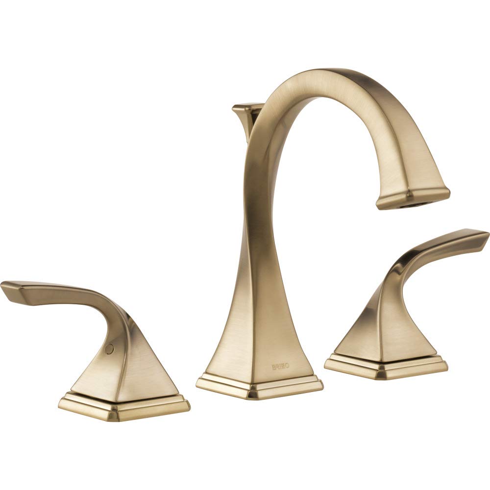Brushed gold widespread bathroom faucet with curved spout and two lever handles on square bases.