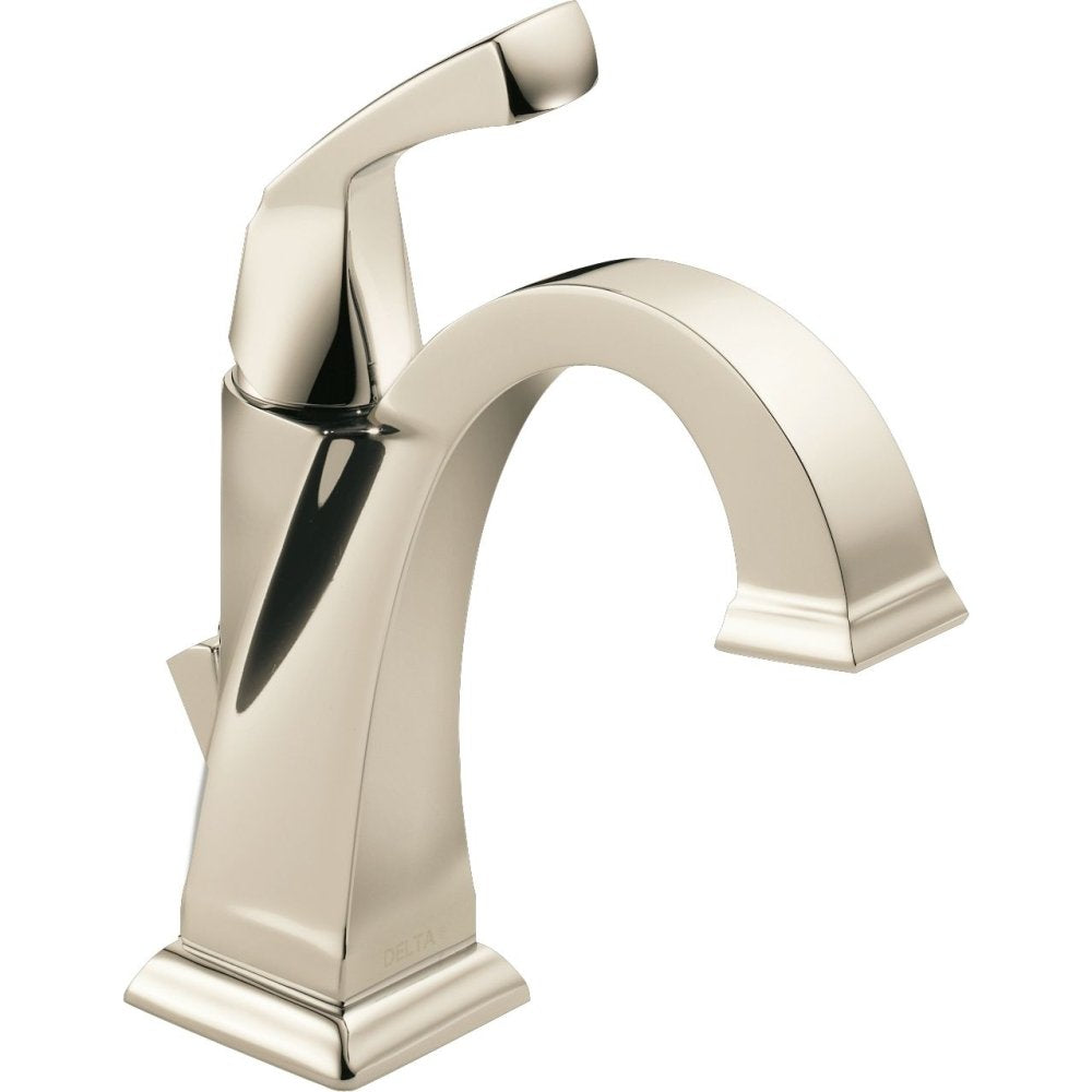 Polished nickel single-handle bathroom faucet with curved spout and squared base.