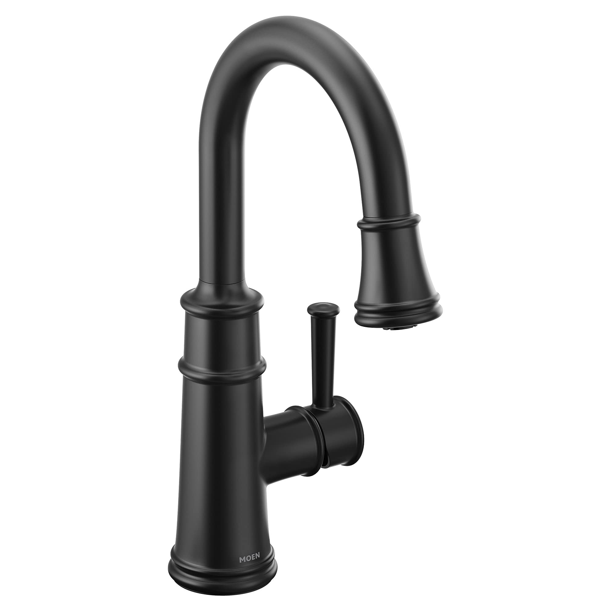 Matte black pulldown bar faucet with curved spout and single side handle on cylindrical base.