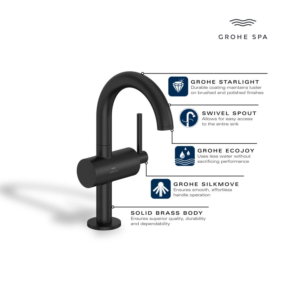 Chrome single-handle bathroom faucet with curved swivel spout and single vertical handle in matte black finish.