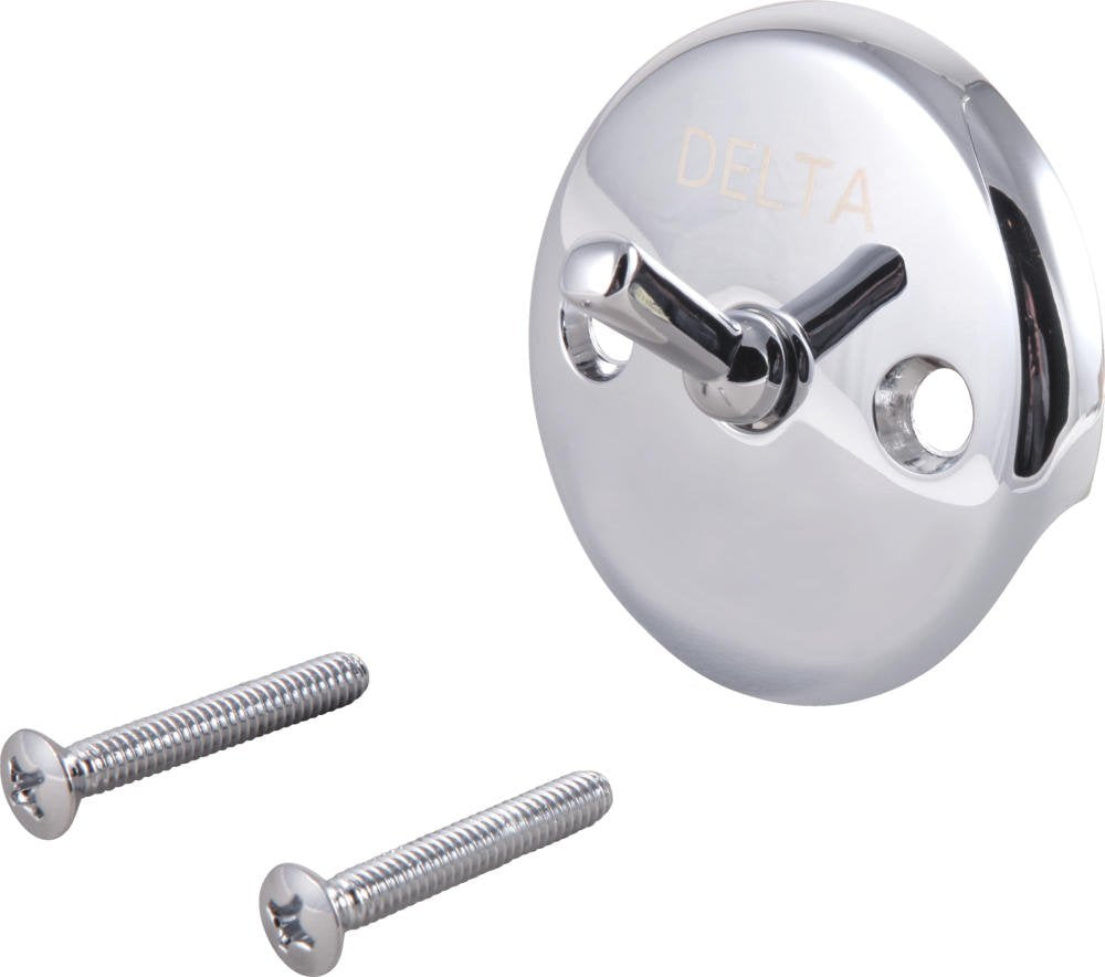 Chrome overflow plate with trip lever and two mounting screws.