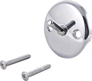 Chrome overflow plate with trip lever and two mounting screws.