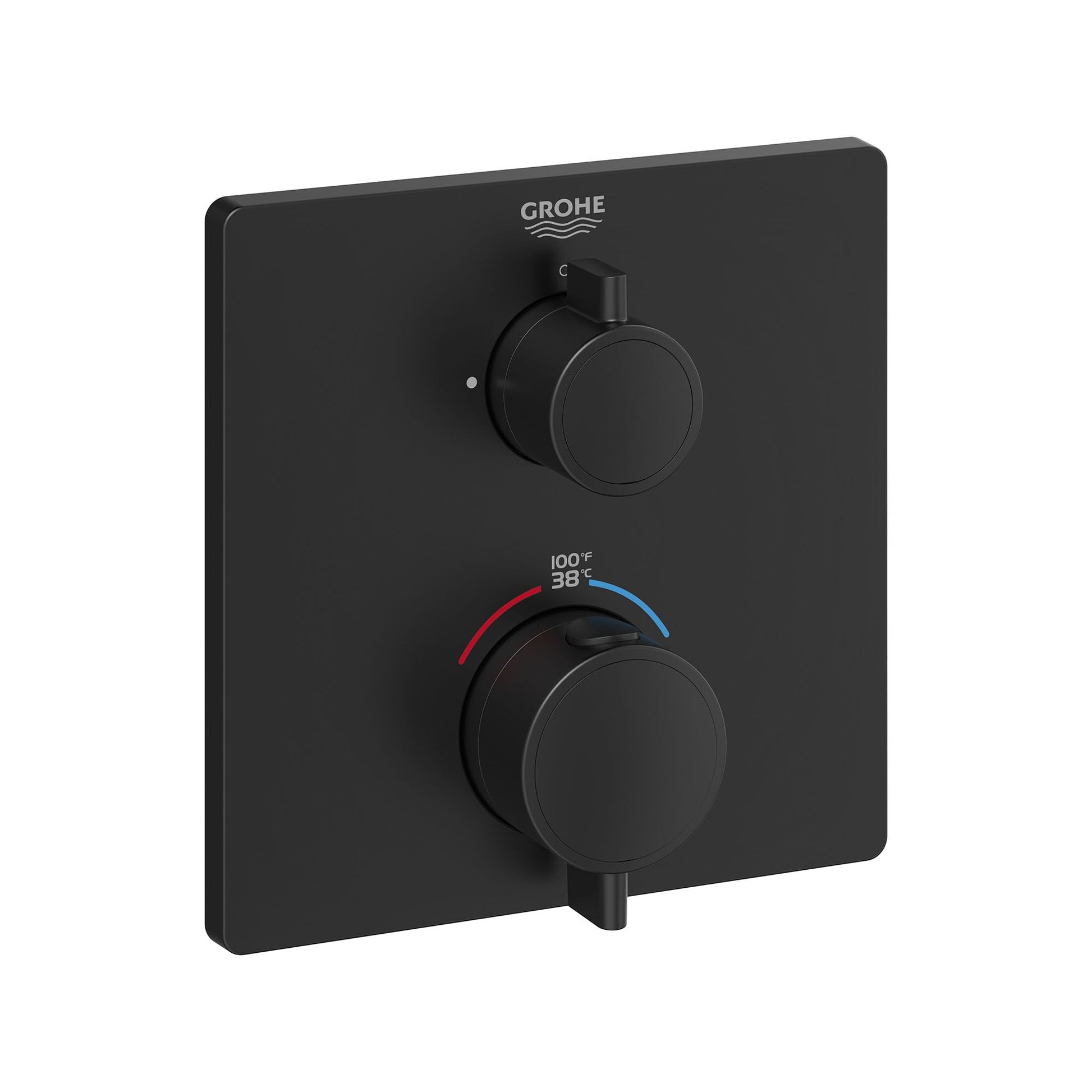 Matte black thermostatic valve trim with two round handles, temperature display showing 38°C, and GROHE branding on square es