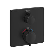 Matte black Grohe thermostatic valve trim with two circular handles, temperature dial, and square mounting plate.